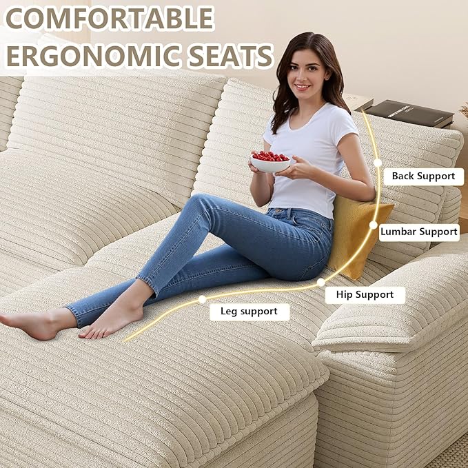 142" Cloud Sectional Couch with U-Shaped Chaise, Corduroy Sectional Sofa with Ottoman, Boneless Couch with Deep Seat in a Box for Living Room, No Assembly Required (White)