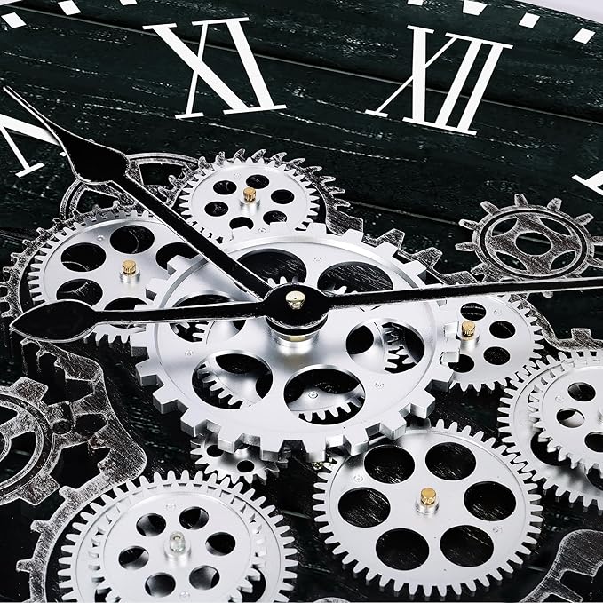 Lafocuse 23 Inch Wooden Large Wall Clock with Moving Gears, Roman Numeral, Black, Unisex