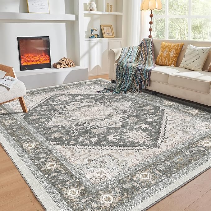 OPPODREAM Thin Area Rugs 9x12 Living Room, Washable Rugs 9x12 with Non Slip Backing, Faux Cashmere Low-Pile 9 x 12 Carpet, Greenish Grey