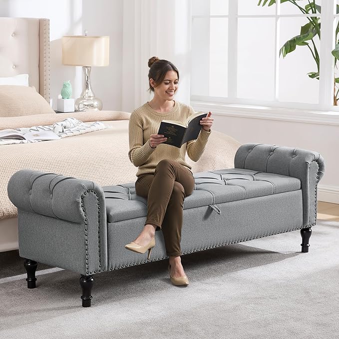 67 Inch Storage Bench for Bedroom, Linen End of Bed Bench, King Size Bench with Rolled Arms, Upholstered Tufted Button Storage Ottoman, Living Room, Entryway, Light Grey