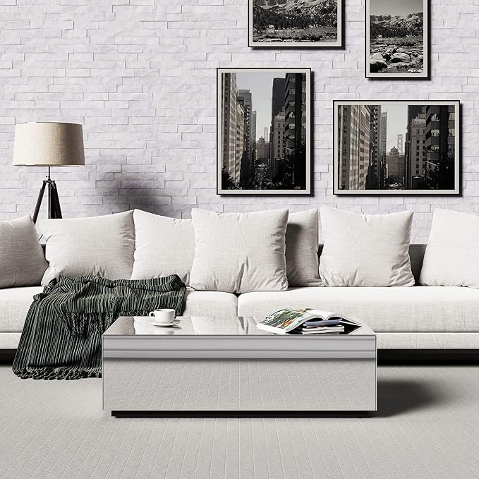 SONOROUS Premium Tempered Glass Coffee Table - Modern Mirror Rectangular Coffee Tables for Living Room - High Gloss Fingerprint Resistant Mid Century Design - Stylish Living Room Furniture & Décor