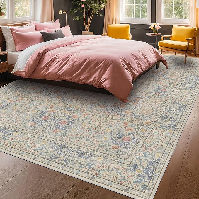 Vintage Washable Beige Blue 10x14 Rug for Living Room - Extra Large Area Rug for Dining Room Under Table, Bedroom - Botanical Floral Design with Purple Red Accent, Non-Slip Lightweight Soft Low Pile