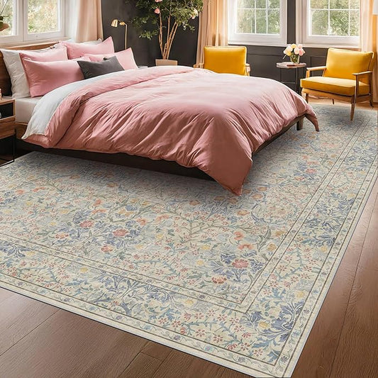 Washable Light Blue Bedroom Rug, 9x12 Area Rug for Living Room, Large Dining Room Rugs for Under Table, Soft Low Pile Non-Slip Stain Resistant Carpet - Vintage Floral Design (9x12 Beige Blue)