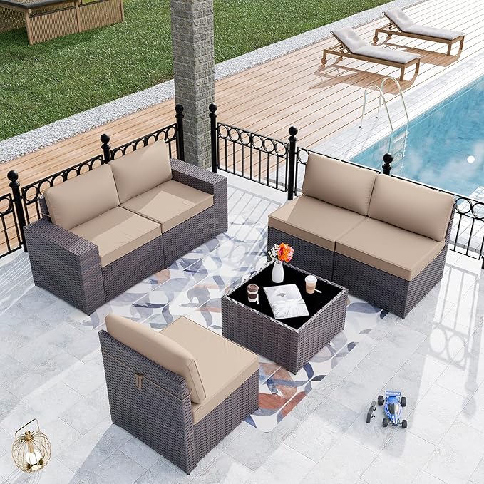 Kurapika 6 Pieces Patio Furniture Set, Rattan Wicker Outdoor Conversation Sets w/4 Inch Cushion and Glass Coffee Table(Sand)