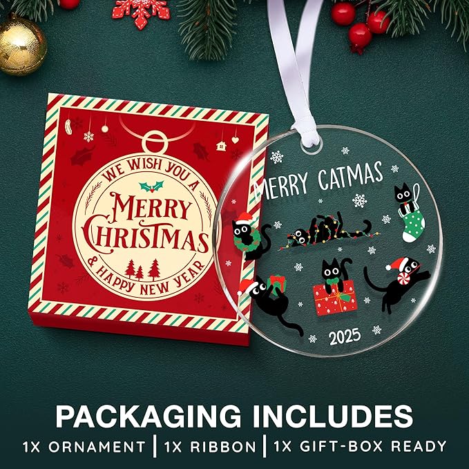 Black Cat Ornament - Black Cat Ornaments for Christmas Tree, Gift for cat Lovers, Unique Funny Kitty Décors, Specialty 2025 Christmas Tree Ornaments, Funny Christmas Cats Ornament