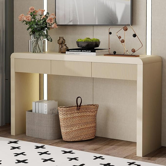 55”Curved Rustic Console Table with 3 Fluted Drawers,Solid Wood Veneer Entry Table Foyer Hallway Table, Narrow Sofa Table Natural Wood Grain for Living Room, Hallway (Oak)