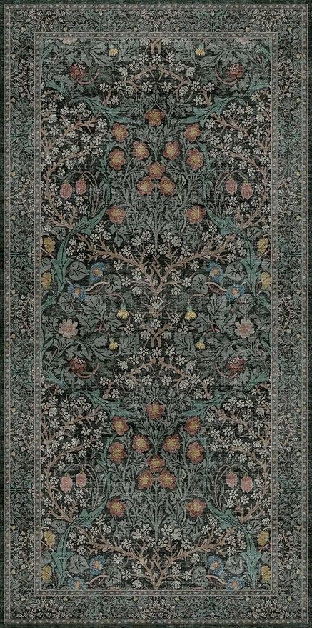 Dark Green Washable 3x6 Large Entryway Runner Rug Indoor, Non-Slip Floor Rugs for Kitchen, Bedroom, Bathroom Beside Bed, Stain & Fade Resistant, Vintage Floral Design