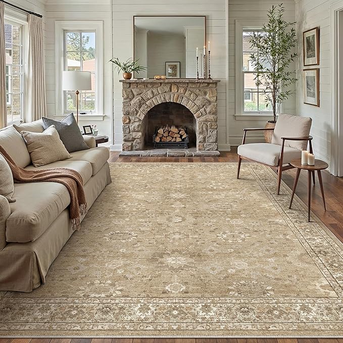 8x10 Brown Area Rug Non Slip Large Vintage Living Room Distressed Machine Washable Retro Carpet Indoor Bedroom Traditional Floral Accent Throw Rug for Office Kitchen Dorm Dining Room