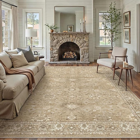 8x10 Brown Area Rug Non Slip Large Vintage Living Room Distressed Machine Washable Retro Carpet Indoor Bedroom Traditional Floral Accent Throw Rug for Office Kitchen Dorm Dining Room