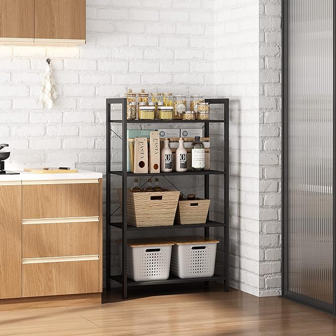 4-Tier Bookshelf, 47.2'' H Ladder Shelf, Industrial Bookcase, Wooden and Metal Storage Rack, Shelving Unit for Living Room Entryway Office, Black Book Shelves, 24 * 11.8 * 47.2 inches