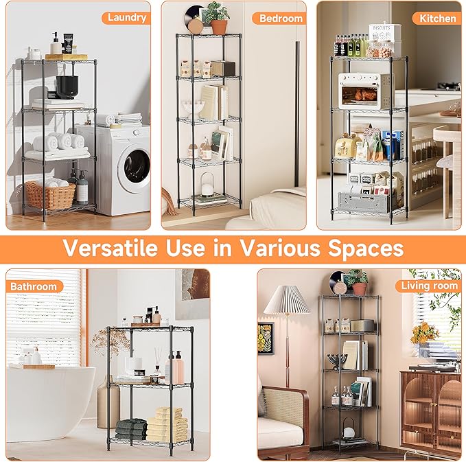 IZEUK 5 Tier Metal Wire Shelf Unit, Black Storage Rack Organizer for Kitchen, Bedroom, Living Room or Laundry Room, 17.7" W x 11.8" D x 55.0" H