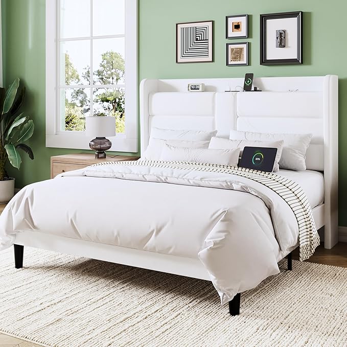 Allewie Queen Size Platform Bed Frame with Charging Station & Storage Headboard, Upholstered Velvet Wingback Design & USB Port, Strong Wooden Slats Support, No Box Spring Needed, Easy Assembly, White