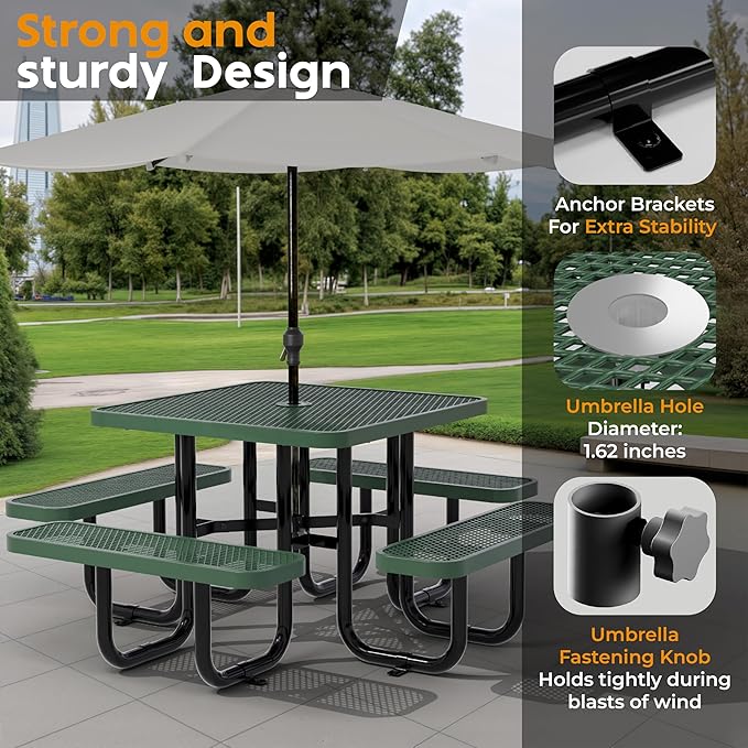 Metal Picnic Tables for Outdoors with Umbrella Hole - Coated Steel Heavy Duty Commercial Grade Furniture with Adjustable Seats (Green, 38 in, Square)