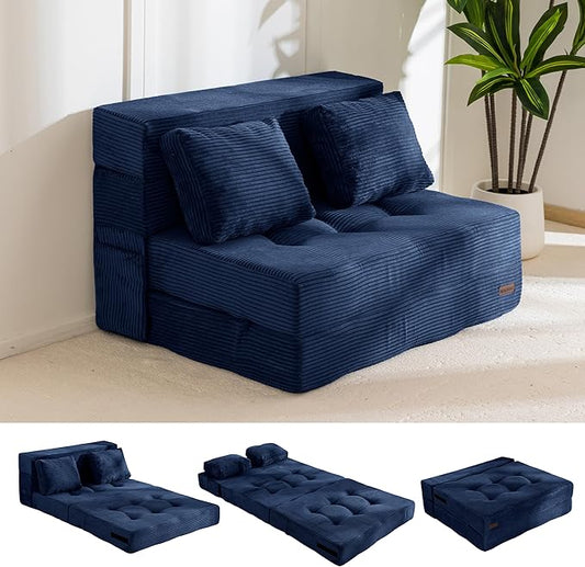 MAXYOYO Convertible Sofa Bed, Fold Out Loveseat Sleeper Sofa with Pillow, 4 in 1 Tufted Folding Couch Bed Foam Floor Couch, Lazy Chair for Living Room Bedroom Guest Room, Navy