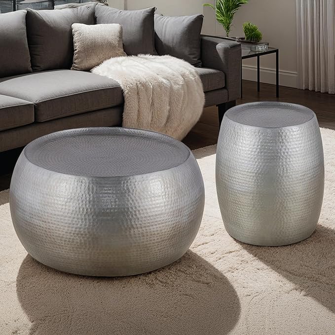 Modern Contemporary Round Aluminum Material 32" Coffee Table and 21" Height End 2PC Table Set with Glossy Hand Hammered Design Antique Silver