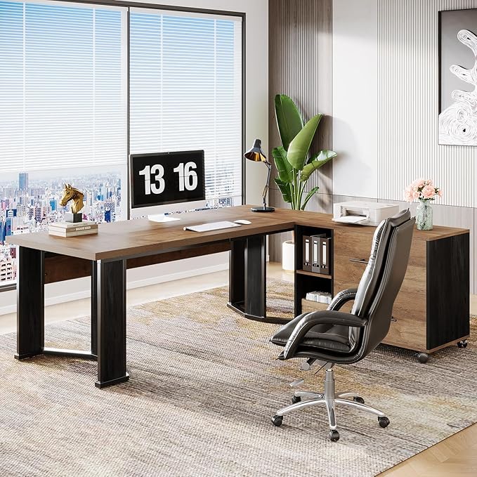 Tribesigns 70.86" Executive Desk with Mobile File Cabinet, Large L Shaped Computer Office Desk with 2 Drawers and Storage Shelves, Business Furniture Desk Workstation for Home Office (Light Brown)