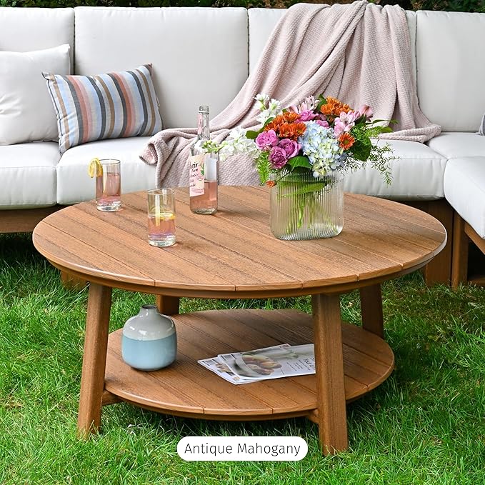 LuxCraft Deluxe Poly Round Outdoor Coffee Table, Two Tier Coffee Table, Round Conversation Tables for Outside Patio with Lower Shelf - Amish Made in USA (Weatherwood & Chestnut Brown)