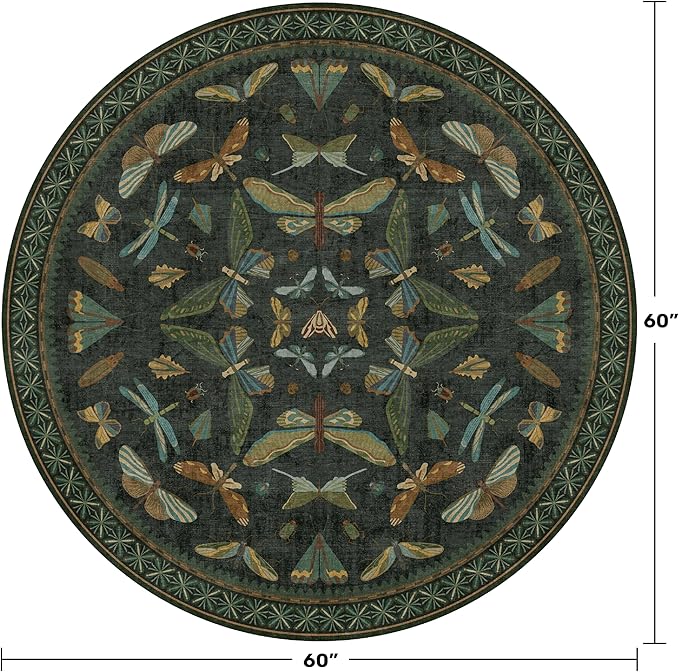 Black Insect 5ft Round Washable Living Room Rugs - Boho Non Slip Area Rug for Large Entrance, Low Pile & Soft Carpet for Bedroom Beside Bed, Forest Butterfly Design Stain Resistant Home Décor