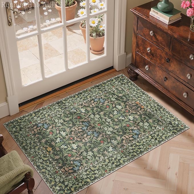 GENIMO Washable Small Rug 2x3, Non-Slip Entryway Mat for Front Door, Kitchen, Bathroom, Laundry, Vintage Boho Floral Thin Carpet Indoor Décor, Emerald Green