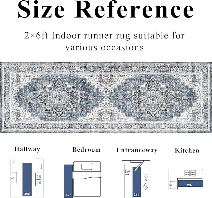 2x6 Vintage Runner Rug Low Pile Runners Non-Slip Machine Washable Rug Retro Distressed Print Lightweight Carpet for Hallway Kitchen Living Room Bedroom Laundry Room