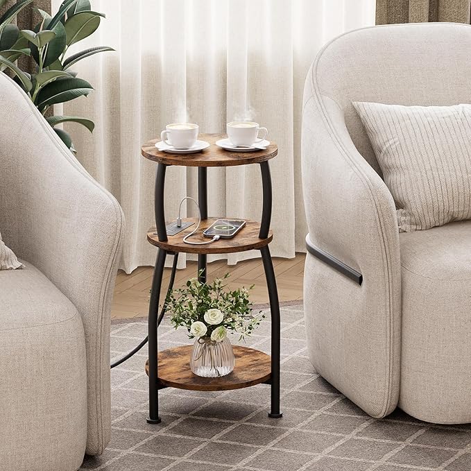 Round Side Table with Power Outlet & USB Ports, 3-Tier End Table with Storage Shelf, Modern Rustic Nightstand, Small Spaces Accent Table for Living Room Bedroom, Easy Assembly, Rustic Brown