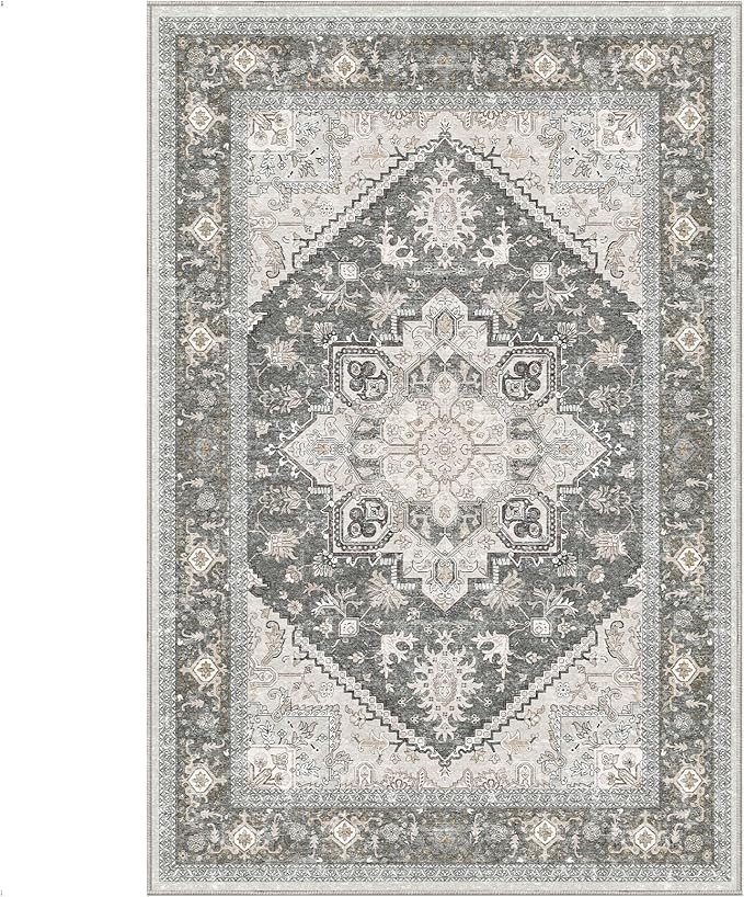 OPPODREAM Thin 6x9 Area Rugs, Washable Rug 6x9 with Non Slip Backing, Faux Cashmere Low-Pile 6 x 9 Carpet, Greenish Grey