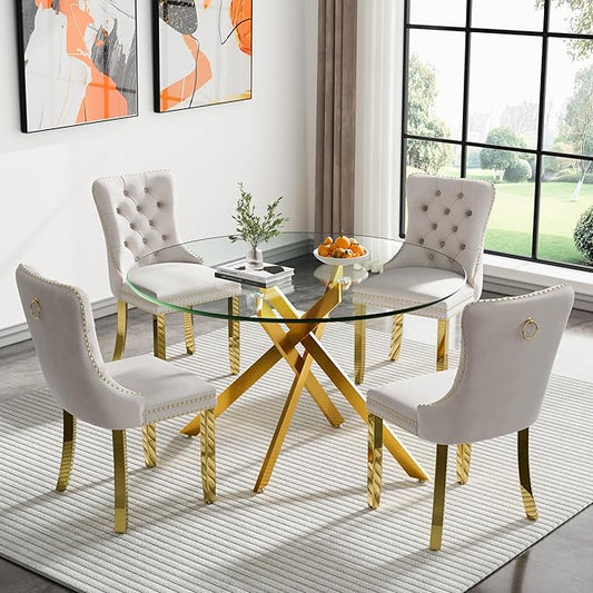 Goujxcy Round Dining Table Set for 4, Modern Glass Kitchen Table and Chairs Set of 4, 5-Piece Dining Room Table Set w/47 Circle Gold Glass Dining Table and 4 Upholstered Velvet Chairs