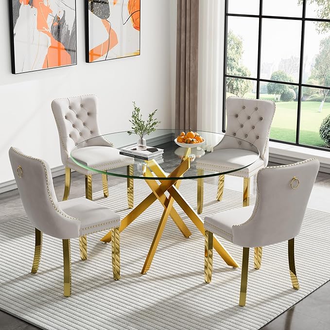 Goujxcy 5 Piece Round Glass Dining Table Set for 4, 47" Round Dining Table & Chair Set Modern Circle Glass Kitchen Table and 4 Velvet Upholstered Chairs for Kitchen Dining (Gold Table & Beige Chair)