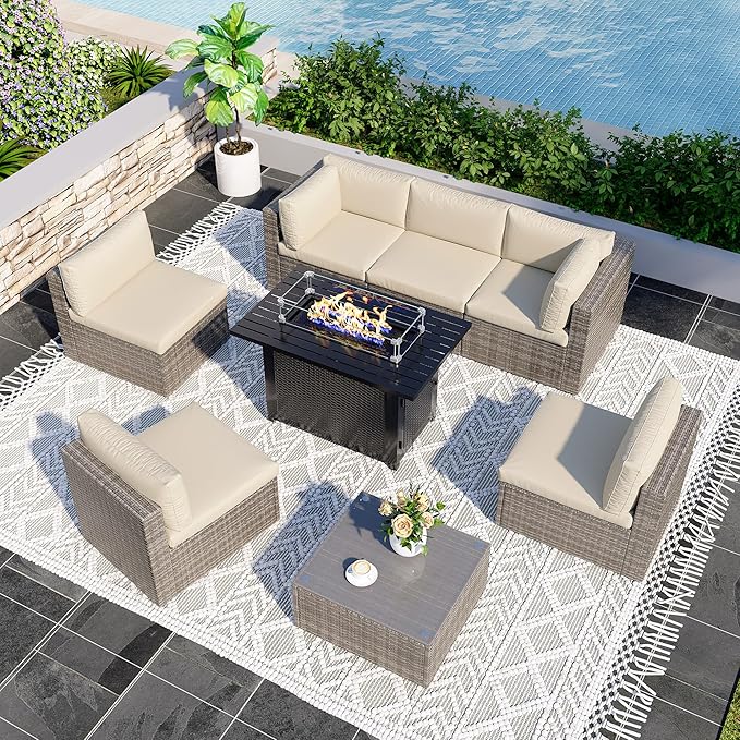 8 Pieces Outdoor Patio Furniture Set with 43" Fire Pit Table, Wicker Outdoor Patio Sectional Sofas with Cushions and Coffee Table, All-Weather Patio Conversation Set for Garden Backyard, Beige
