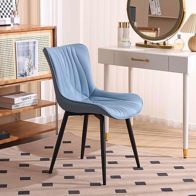 Kidol&Shellder Blue Dining Chairs Set of 2,Faux Leather Upholstered Mid Century Modern Kitchen&Dining Room Chair with Back,Ergonomic Armless Vanity&Living Room Chair with Metal Legs