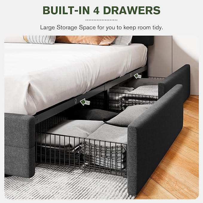 MUTICOR King Size Bed Frame with 4 Storage Drawers, Upholstered Platform Bed with Button Tufted Adjustable Headboard, No Box Spring Needed, Easy Assembly, Square Tufted, Dark Grey Fabric