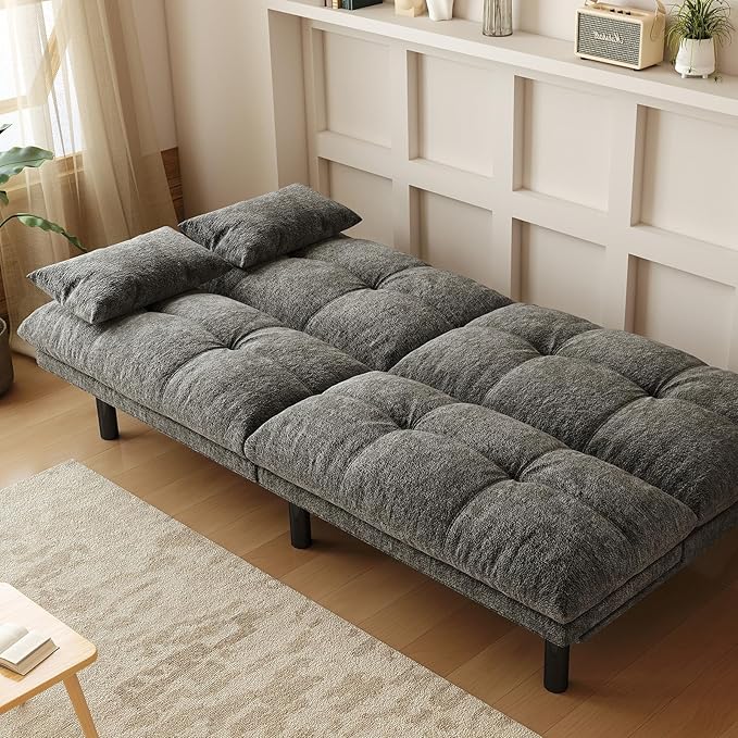 Futon Sofa Bed Convertible 70 inch Solid Wood Couch for Living Room, Chenille Fabric, 2 Cushions (Dark Gray)