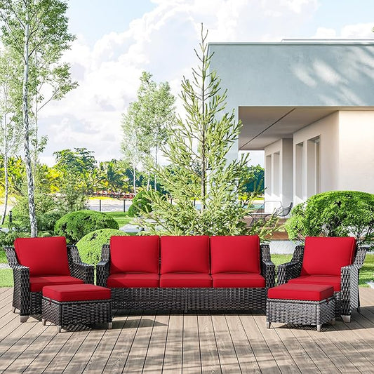 5 Pieces Wicker Patio Furniture, Luxury Outdoor Conversation Sets with 2 Patio Rattan Chair, 3-Seater Sofa, 2 Patio Ottoman, Wide Armrest, Thickened Cushions, Ideal for Deck, Porch Use