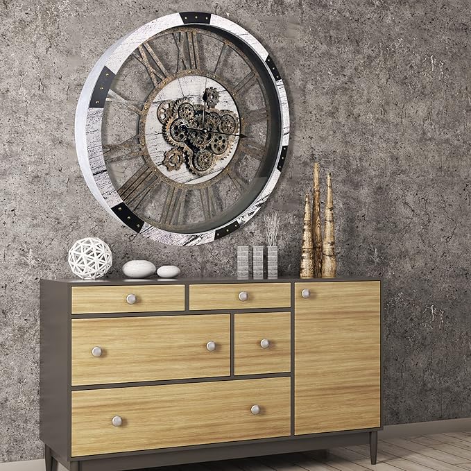 DORBOKER 30" Large Wall Clock Moving Gears,Oversized Industrial Rustic Farmhouse Clocks for Living Room Decor Office Home, Solid Wood Retro Metal HD Tempered Glass Cover, White Grey