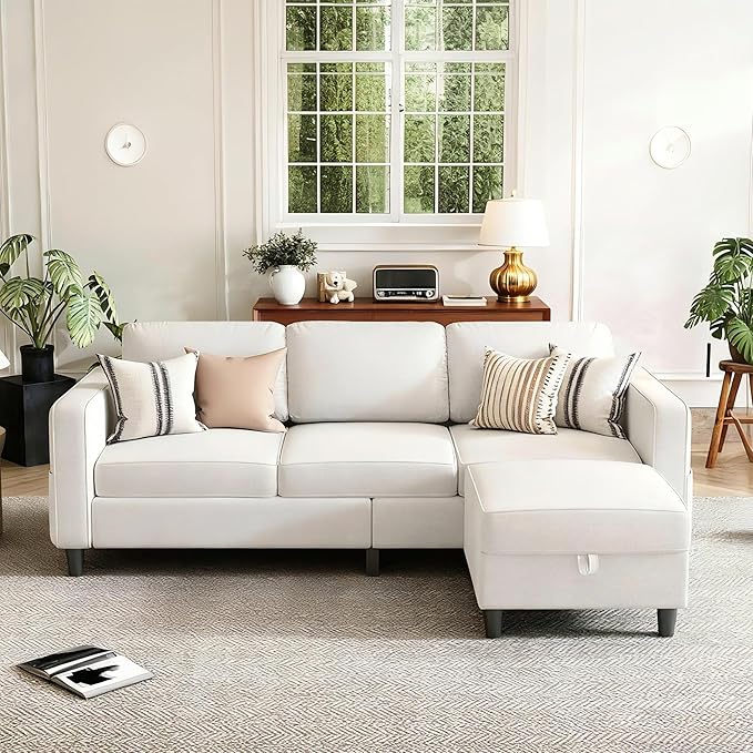 Small Sectional Couch, L Shaped Sectional White Couch in a Box, Small Couches with Ottoman, 3 Seater Sofa for Living Room, Apartment, Dorm, Office