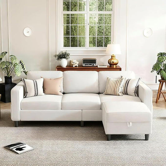 Small Sectional Couch, L Shaped Sectional White Couch in a Box, Small Couches with Ottoman, 3 Seater Sofa for Living Room, Apartment, Dorm, Office
