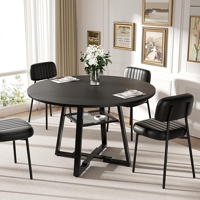 Round Dining Table for 4-6 People,47 Inch Dining Room Table,Modern Circle Kitchen Table with Storage Shelf and Metal Legs for Dining Room,Kitchen,Black (Table Only)