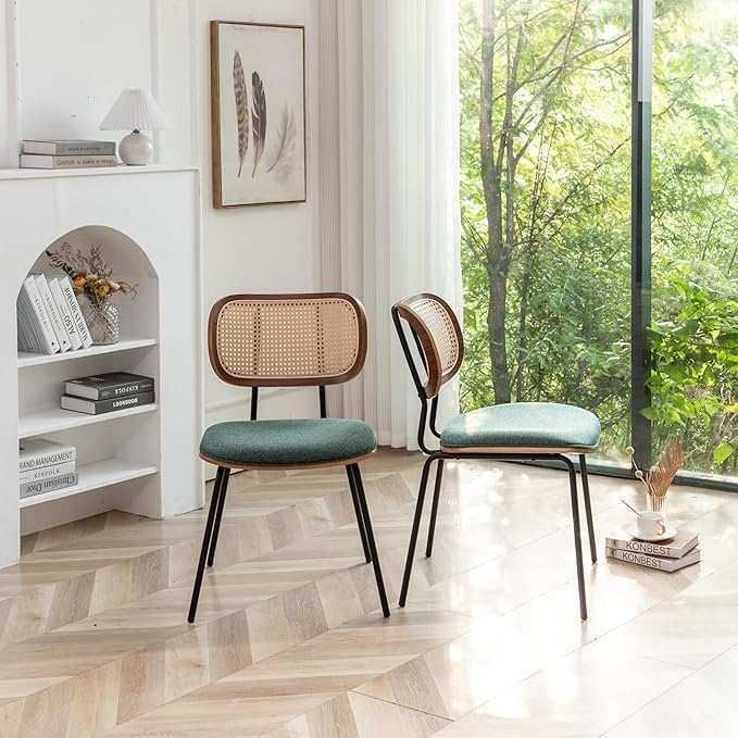 Rattan Dining Chairs Set of 4, Christmas Chair Mid Century Modern Dining Chairs with Cane Back for Kitchen Dining Room, 19 Inch Fabric Green