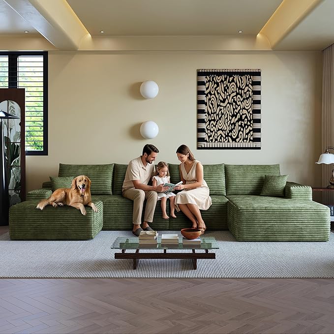 136" Sectional Couches for Living Room Modern Modular Sofa with L-Shape Couchs Upholstered Boneless Couch Deep Seat Sectional Couch with Chaise (Green, Right Facing Chaise+3Seaters+Ottoman)