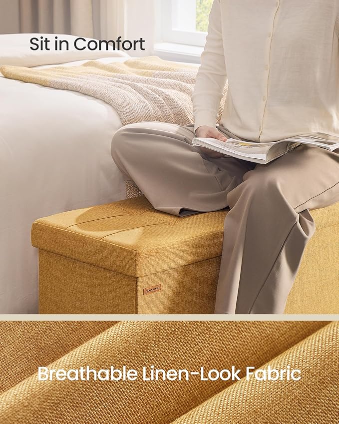 SONGMICS Mazie Collection - Storage Ottoman Bench, 43 Inches Folding Foot Rest Stool, End of Bed Bench, Easy Assembly, for Living Room, Bedroom, Entryway, Ginger ULSF077K04