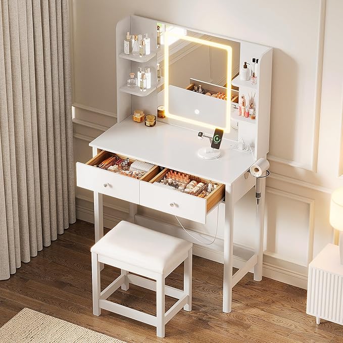 Vanity Desk with Mirror and LED Lights, Small Makeup Vanity Table Set with Drawers and Chair, Dressing Table with Power Outlet for Girls Bedroom, White