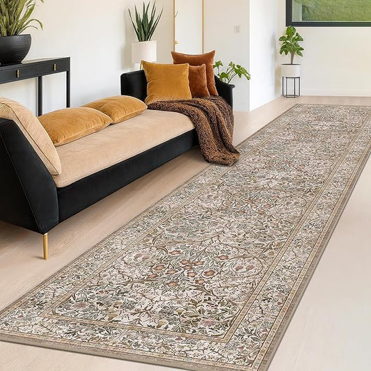 Moss 3x12 Extra Long Wide Runner Rug for Hallway, Non Slip Washable, 12 ft Large Kitchen Floor Rugs for Indoor Entrance, Low Pile Stain Resistant Vintage Floral Leaf Carpet