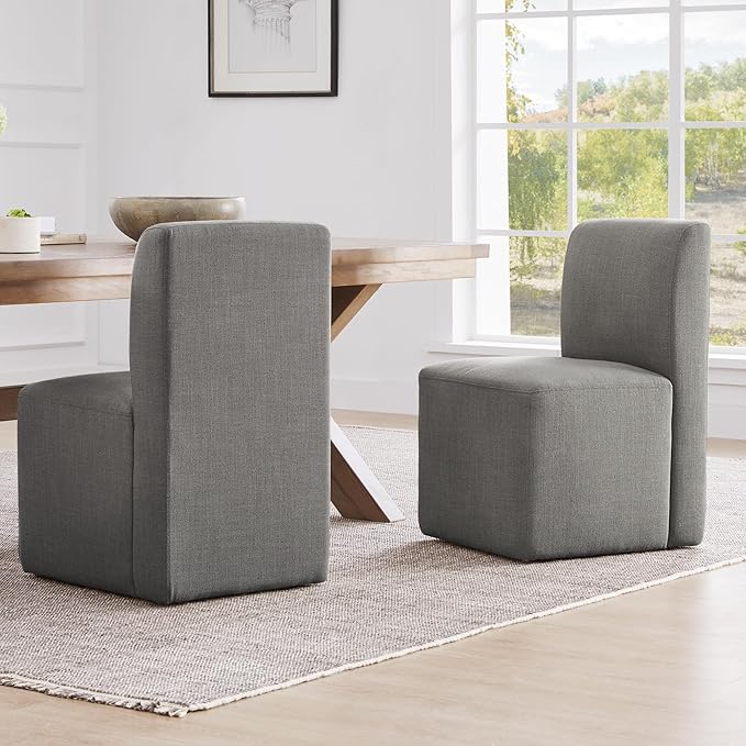 CHITA Dining Chairs with Casters Set of 2, FSC Certified Upholstered Armless Modern Rolling Dining Chairs with Rollers for Bedroom Reading Room Living Room, Grey