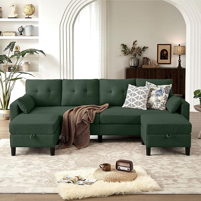 101" Convertible Sectional Sofa, Modern Linen Fabric U-Shaped Couch with 2 Storage Ottomans and Storage Pocket, 4 Seat Sofa Couches for Living Room, Apartment, Office, Green