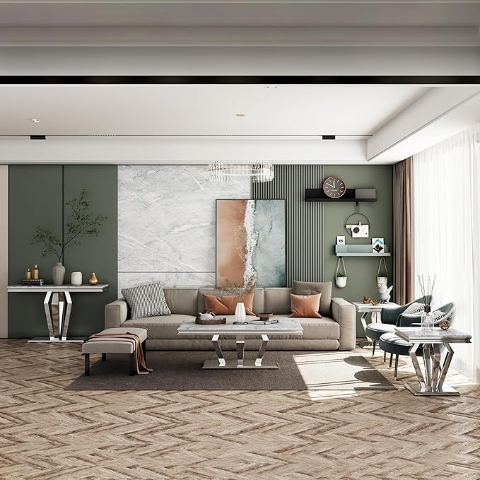 2 Piece Living Room Table Set, Luxury Coffee Table Set with Gray Top & Silver Diamond-Shaped Stainless Steel Frame, 1 Coffee Table + 1 End Table for Home Office