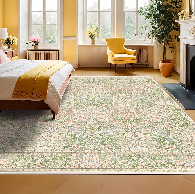 Washable 8x10 Rugs for Living Room, Light Green Oriental Rugs for Bedroom Dining Room Under Kitchen Table, Stain Resistant Non-Slip Pastel Large Washable (8x10 Beige Green)