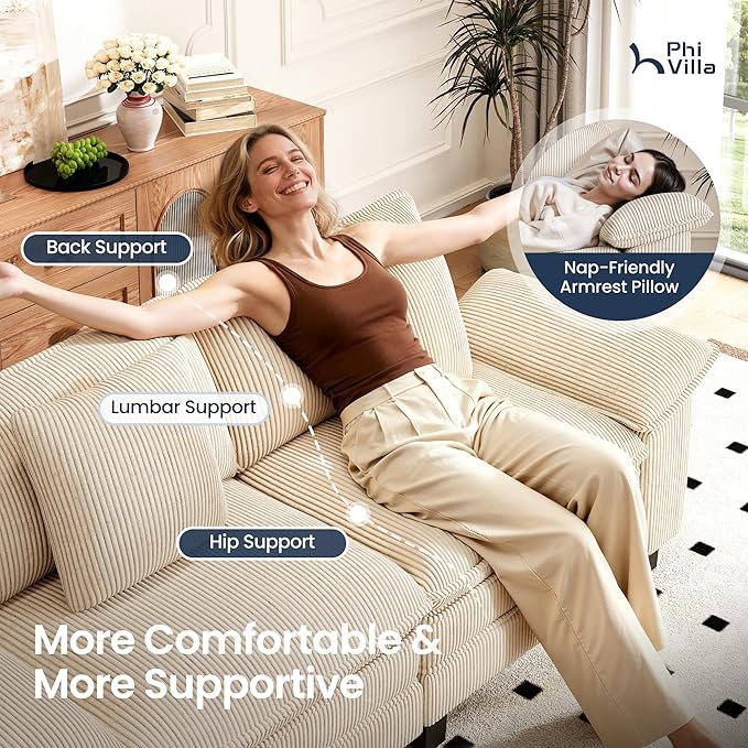 PHI VILLA Cloud Modular Couches Sets, 2 Pieces Comfy Sectional Sofa Set with Loveseat, 5-Seater Upholstered Couch for Living Room, Corduroy, Beige
