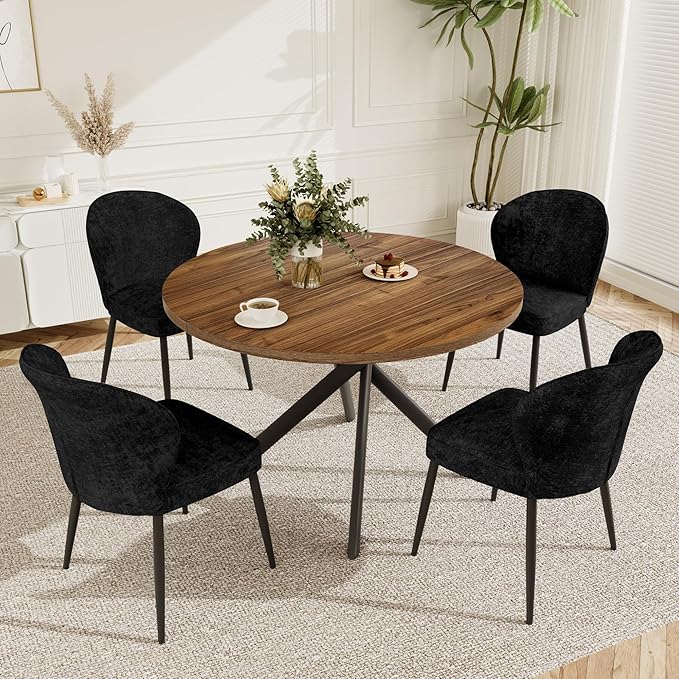 Dining Chairs Set of 4, Modern Fabric Dining Room Chairs with Curved Backrest Well-Padded Seat, Upholstered Kitchen Chairs for Living Dining Room, Black