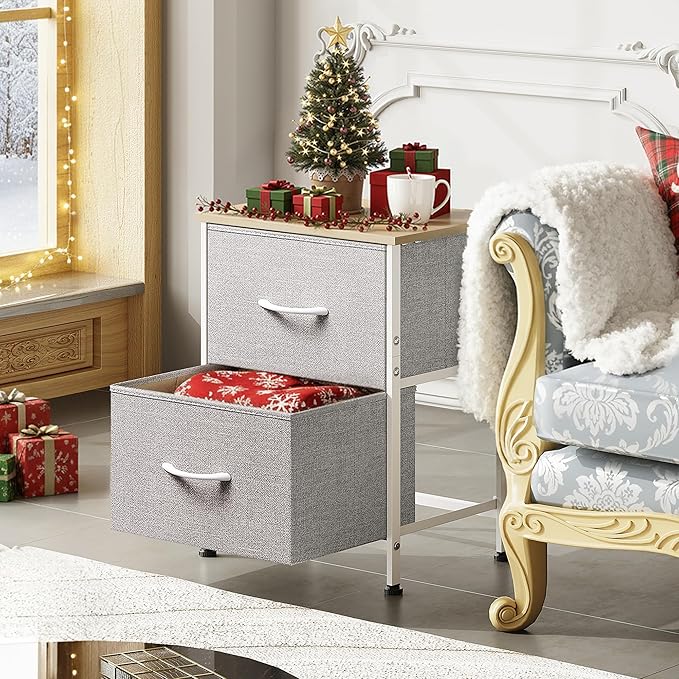 WLIVE Night Stand, Gray Nightstand with 2 Fabric Drawers, Small Dresser for Bedroom, Closet, College Dorm, End Table Side Furniture, Wood Top, Light Grey