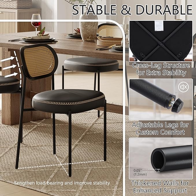 Rattan Dining Chairs Set of 2, Black Leather Upholstered Dining Chairs with Rattan Cane Back, Mid Century Modern Dining Room Chairs with Black Metal Legs & D-Shaped Thicken Cushion
